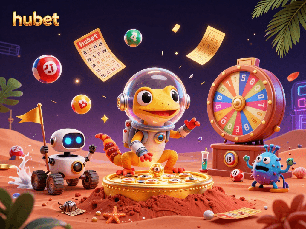 Engage with hubet to explore vibrant lottery balls and a golden casino in this dynamic Martian scene
