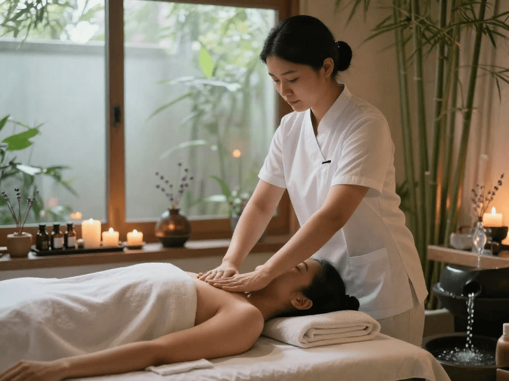 Relaxing 성북구출장안마 spa massage session in a tranquil setting with soothing elements.