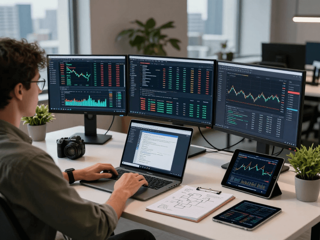 Developer working with the sugar international quote API on advanced trading platform at a modern workspace.