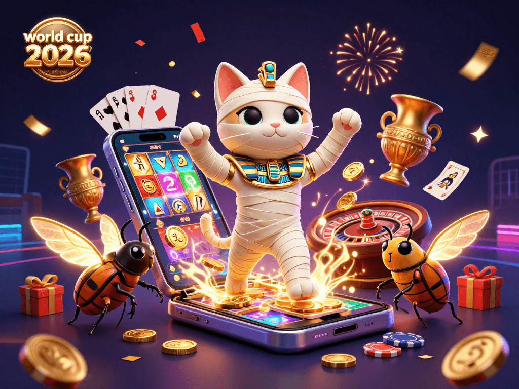 Engaging 3D illustration featuring a mummy cat and casino elements in a festive atmosphere, themed around the world cup 2026 calendar.