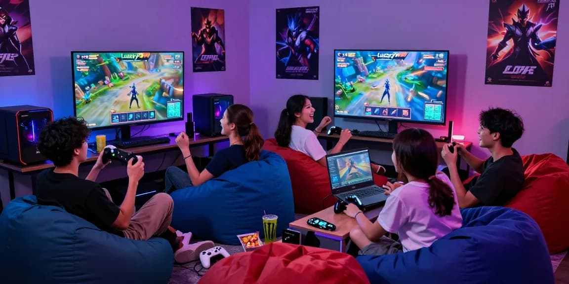 Friends enjoying a gaming night with "lucky77" on screen, vibrant atmosphere filled with laughter.