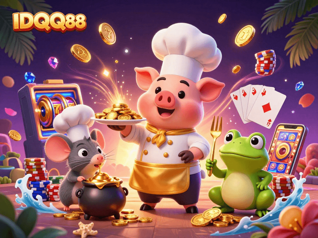 Experience the excitement of IDQQ88 with a festive chef pig, sous-chef mouse, and critic frog surrounded by golden coins and slot machines.