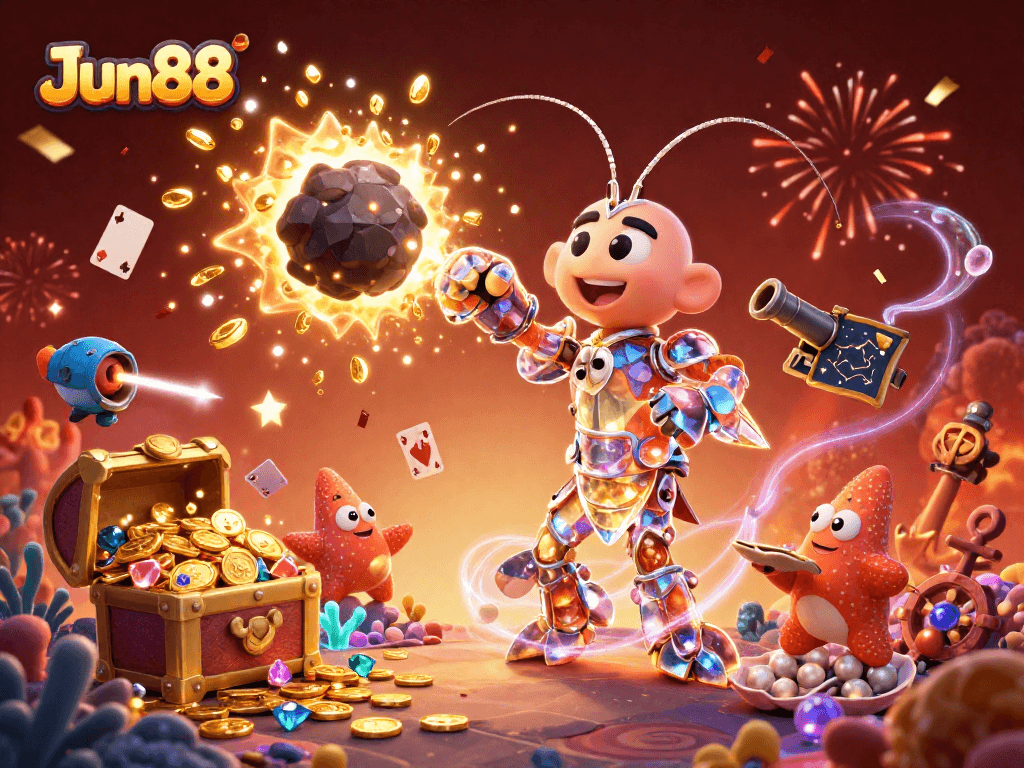 Experience thrilling gaming adventures at Jun88 with a dynamic 3D casino illustration.