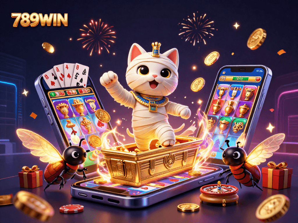 Experience thrilling wins with 789WIN inside a dynamic 3D casino scene filled with vibrant elements.