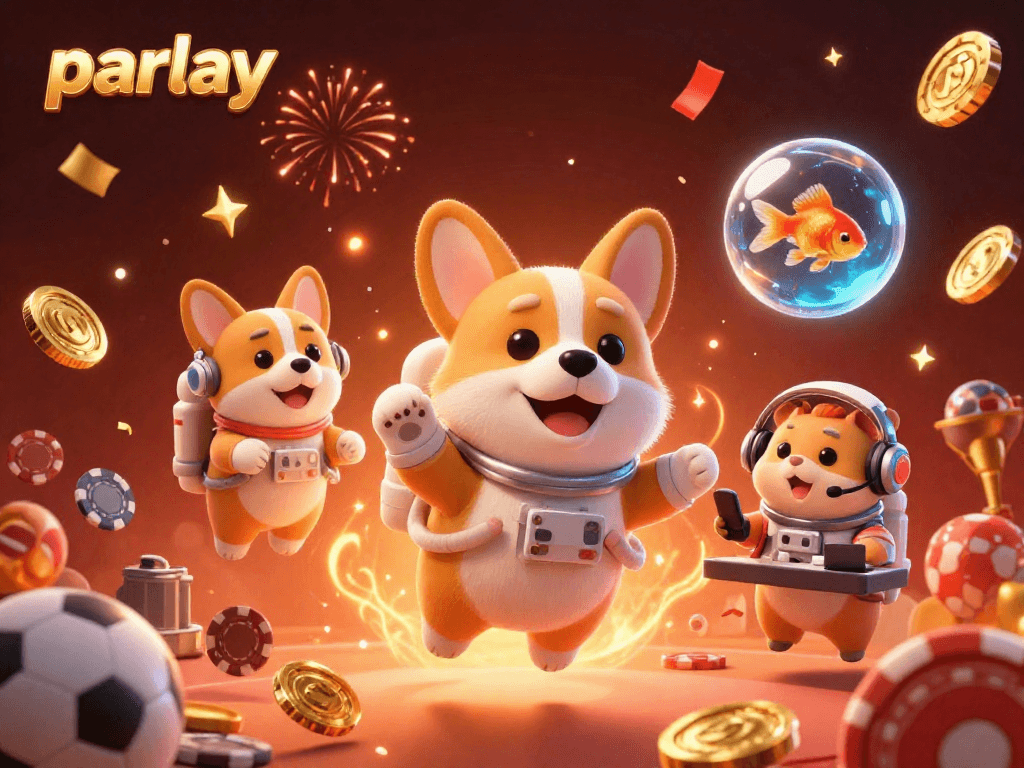 Experience thrilling parlay bets in a dynamic space casino illustration with cartoon characters and sports elements.