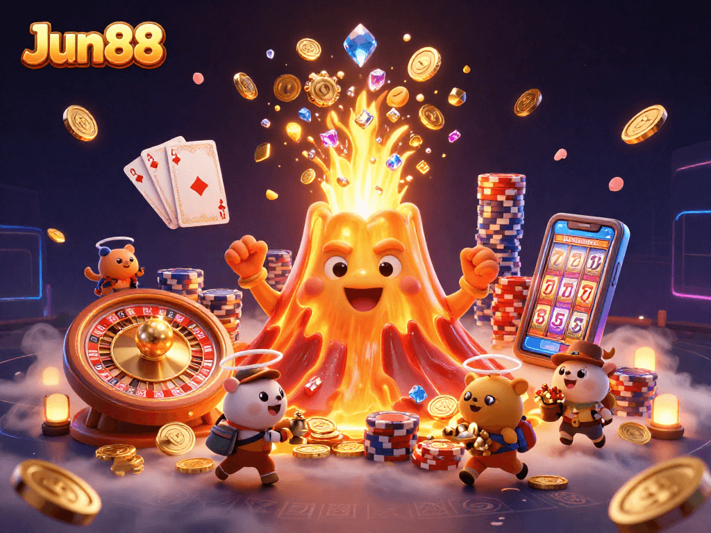 Experience the thrill of Jun88 with coins flowing from a golden volcano amidst a vibrant casino scene.