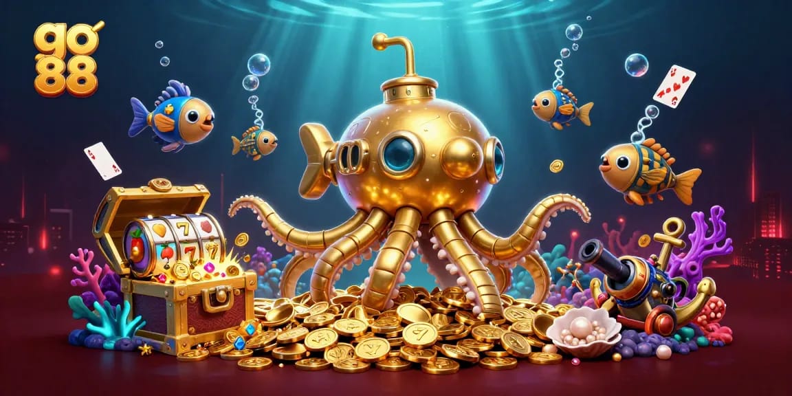 Experience exciting gameplay with go 88 in this vibrant underwater casino scene featuring a golden kraken.