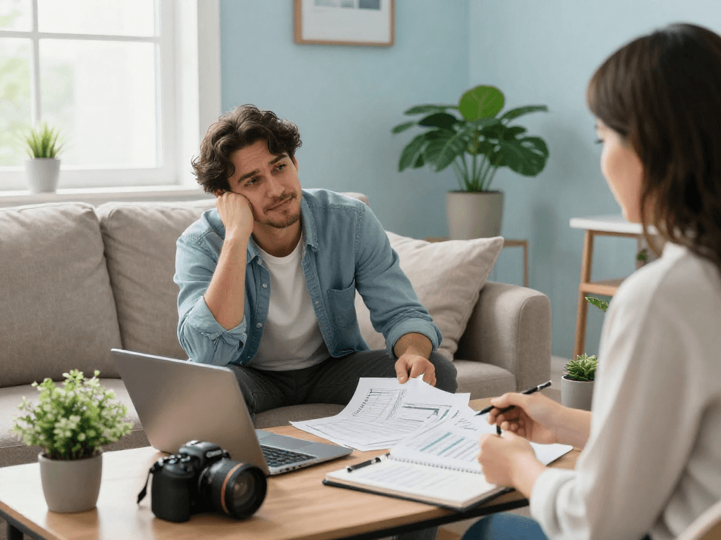 Individual discussing consolidation strategies with a financial advisor in a cozy living room.