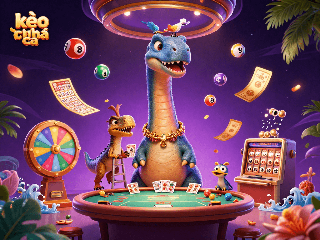Engage with kèo nhà cái in an exciting 3D casino scene featuring vibrant game elements and characters.