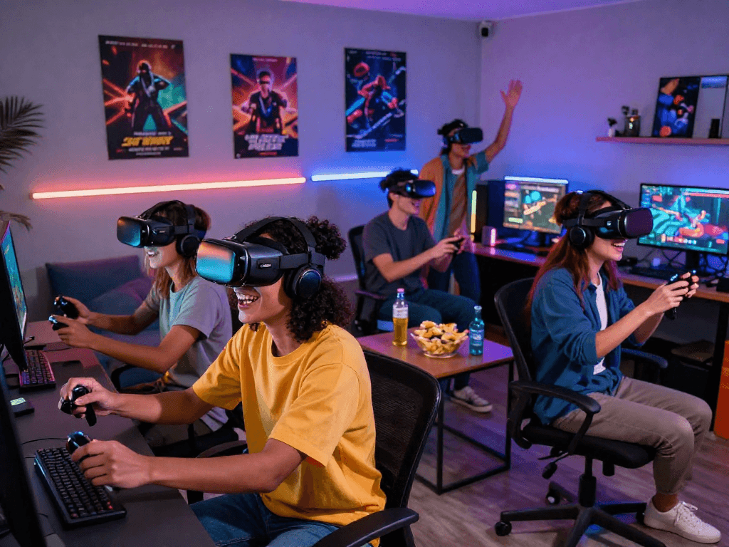Friends enjoying interactive porn games in a vibrant gaming setup with VR headsets and snacks.