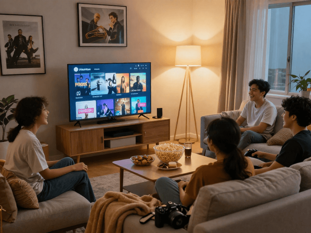 Pikashow streaming experience with friends enjoying a movie night in a cozy living room setting.