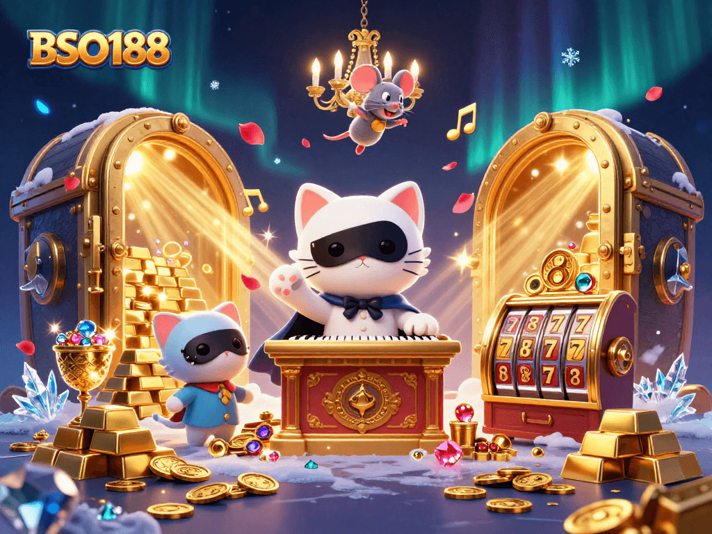 BSO188 offers thrilling gaming experiences with a whimsical casino-themed illustration.