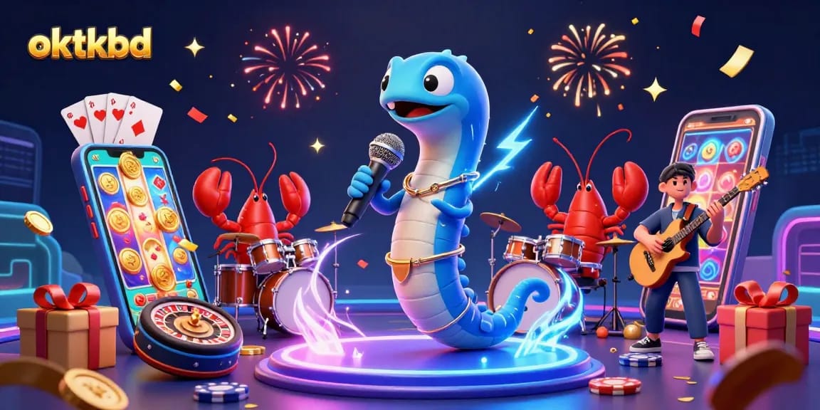 Engage in vibrant underwater gaming with oktkbd's electric eel DJ and celebratory casino elements.