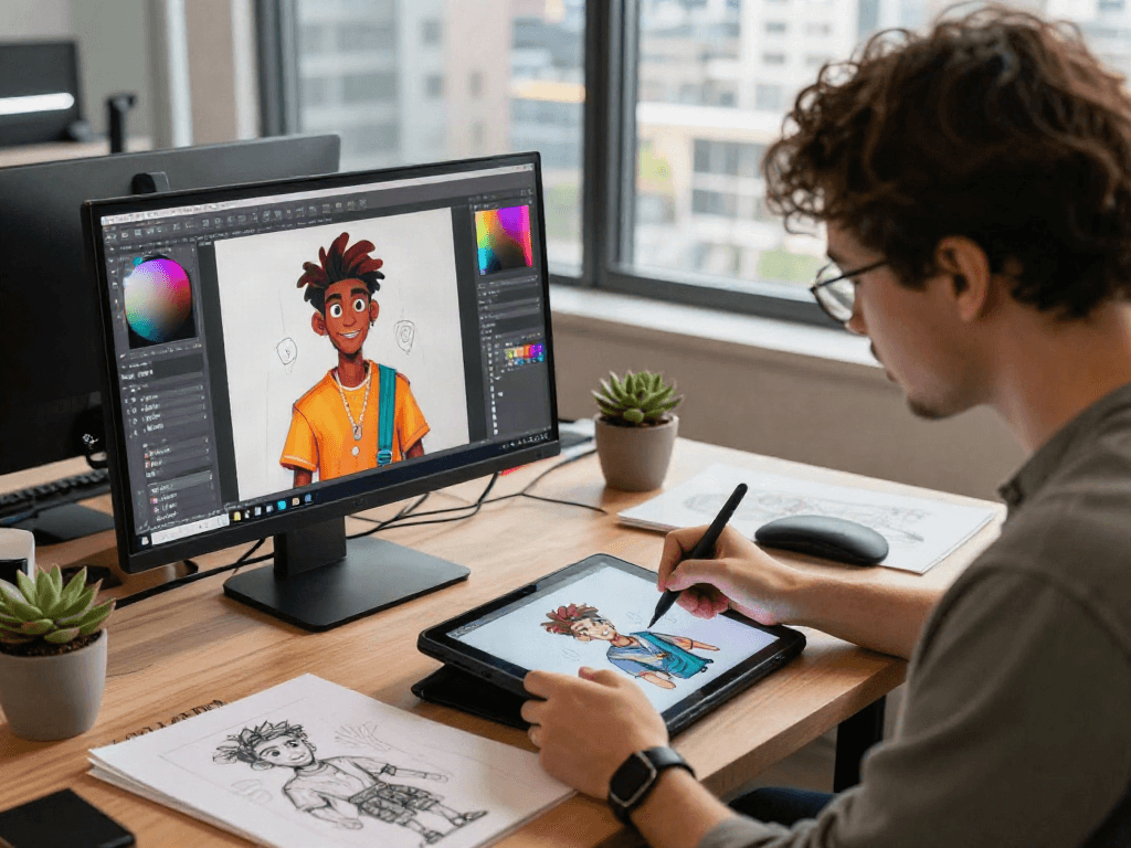 Creating character designs with character ai nsfw in a vibrant studio setting.