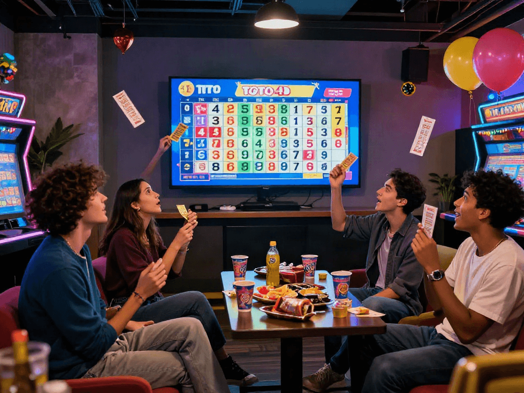Excited friends watching Toto 4D lottery results, filled with anticipation and joy.