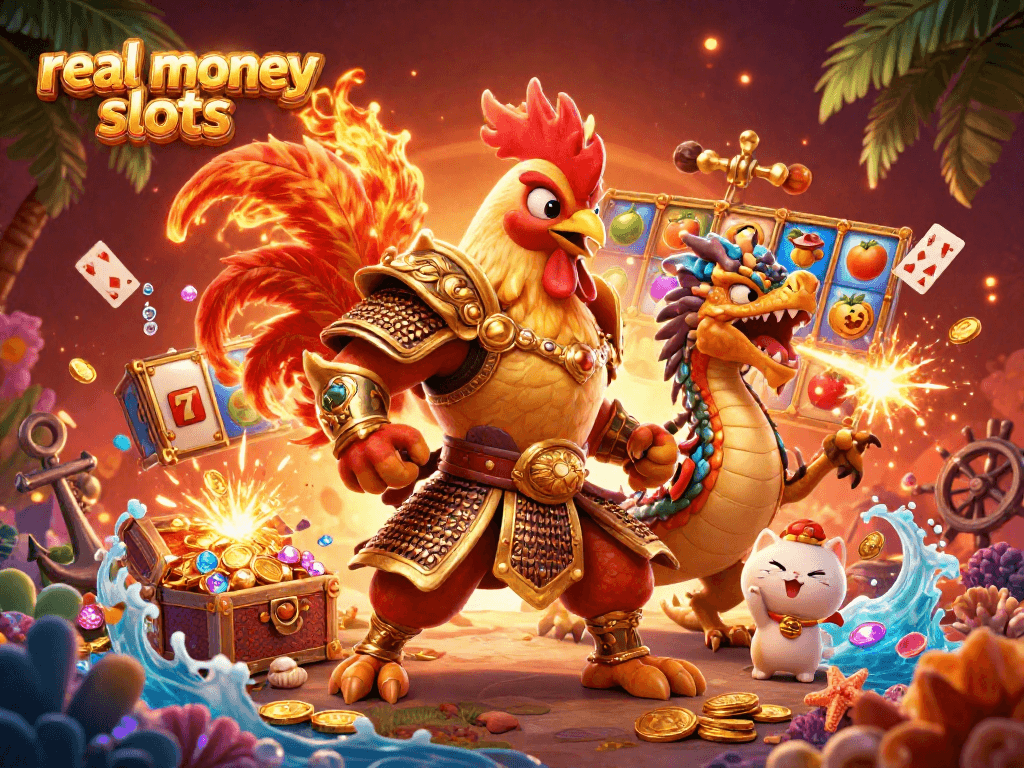 Engage with thrilling real money slots featuring a vibrant 3D scene with dynamic gaming elements.