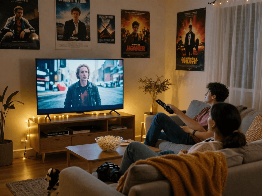 Couple enjoying a home movie night while streaming Moviebox on a cozy couch.