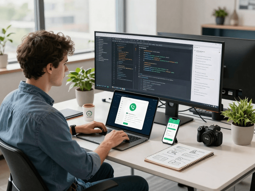 Developer working on gb whatsapp app interface in a bright modern office.