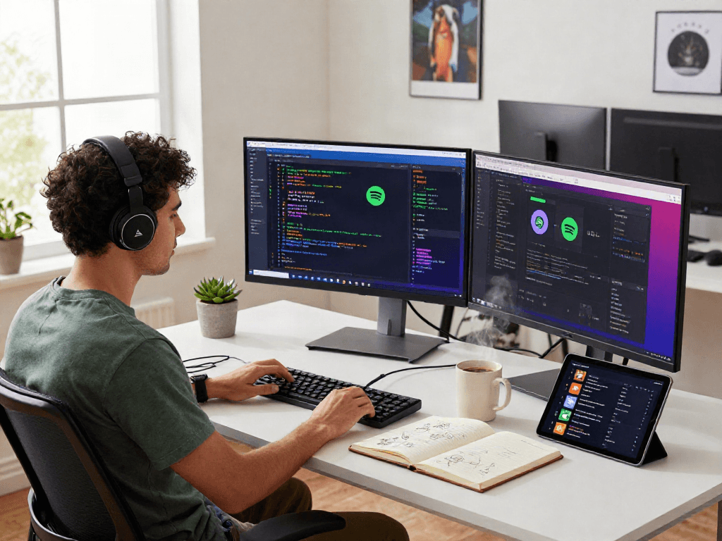 Creating a spotify mod apk in a vibrant tech workspace with dual monitors and design elements.