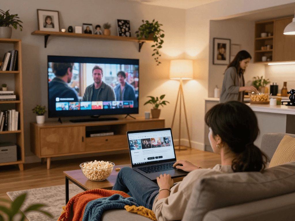 Home movie-watching setup featuring Moviebox streaming on a laptop, cozy living room atmosphere with popcorn and ambient lighting.