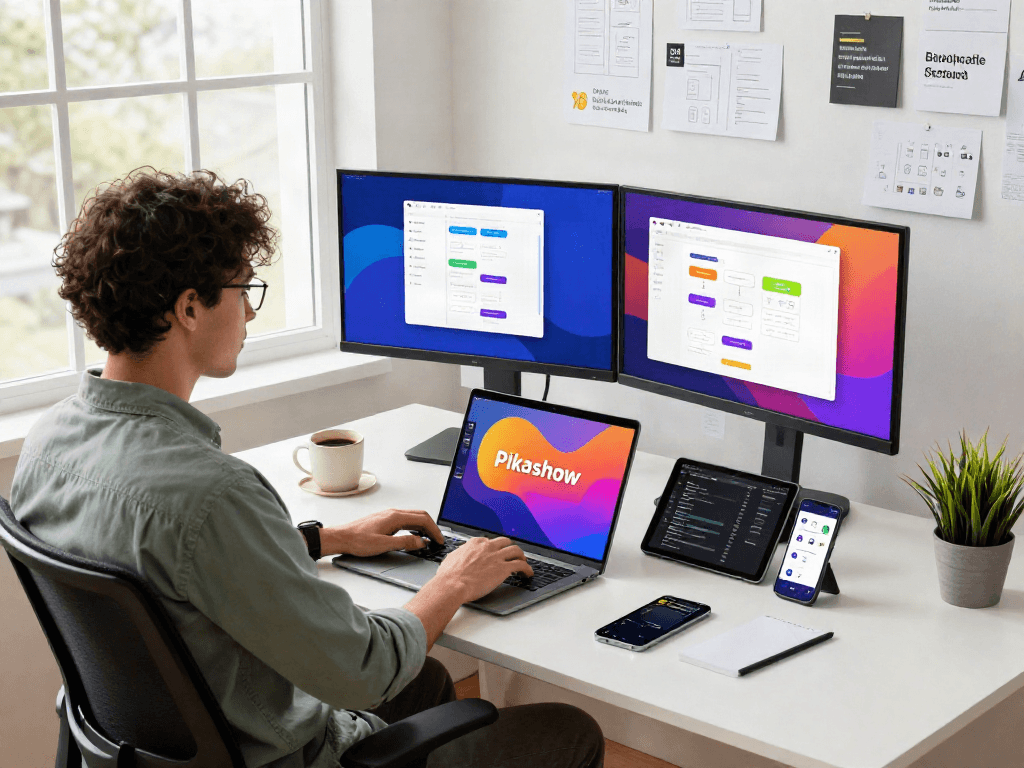 Pikashow apk displayed on laptop in a vibrant app development workspace