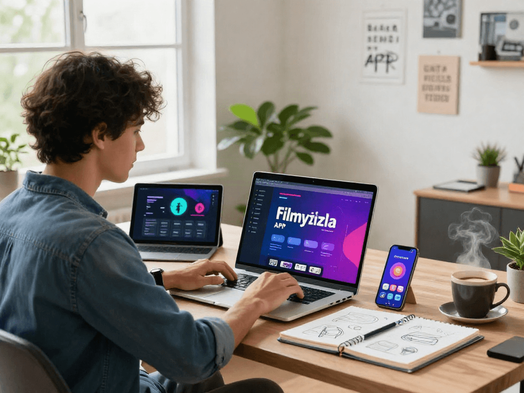 Engaging workspace with a user accessing filmyzilla APK on a laptop, creative digital environment.