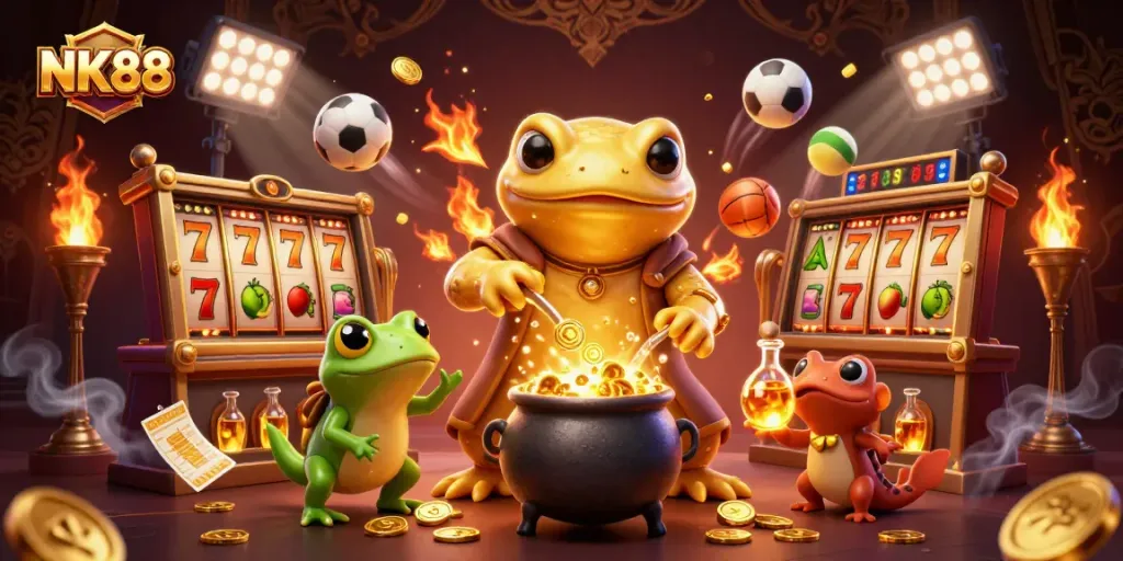Engage with NK88 gaming excitement featuring an alchemist and dynamic casino elements.