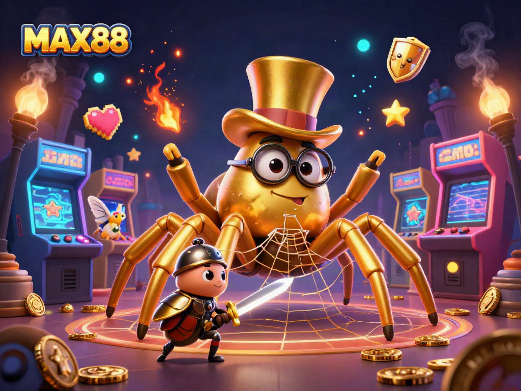MAX88 casino-themed illustration featuring a golden tarantula and beetle knight amidst vibrant gaming elements.