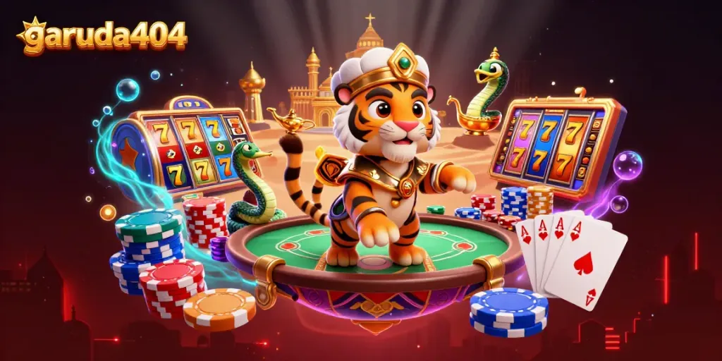 Engage with garuda404's thrilling slots adventure featuring a tiger sultan amidst vibrant casino elements.