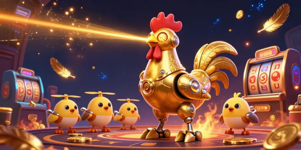 Engage with the unique main game online experience featuring a golden rooster robot and baby chick drones in vibrant casino action.