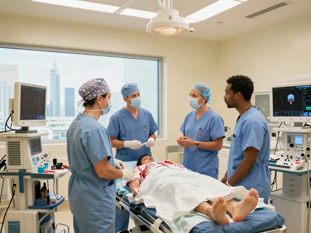 Heart transplant UAE: Caring team in modern hospital discussing patient care for innovative heart surgery.