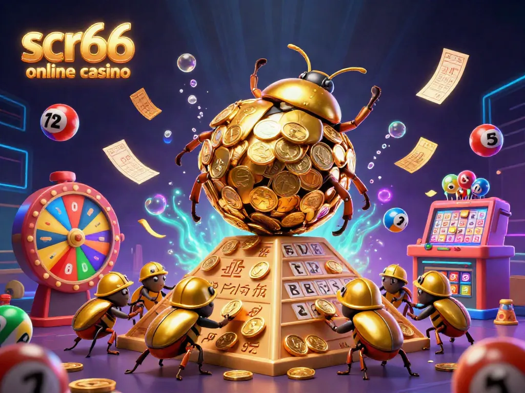 Engage with scr66 online casino in a vibrant scene featuring a golden dung beetle rolling coins amidst casino elements.