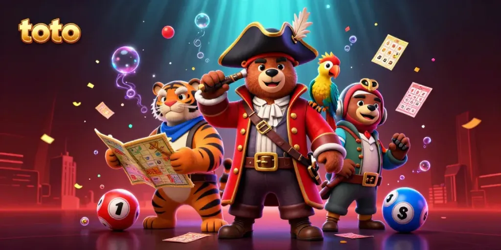 Experience the thrill of toto with a pirate captain bear and friends in this vibrant lottery scene.