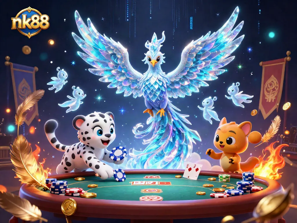 Join the excitement at nk88 with an ice phoenix, poker action, and dazzling game elements.