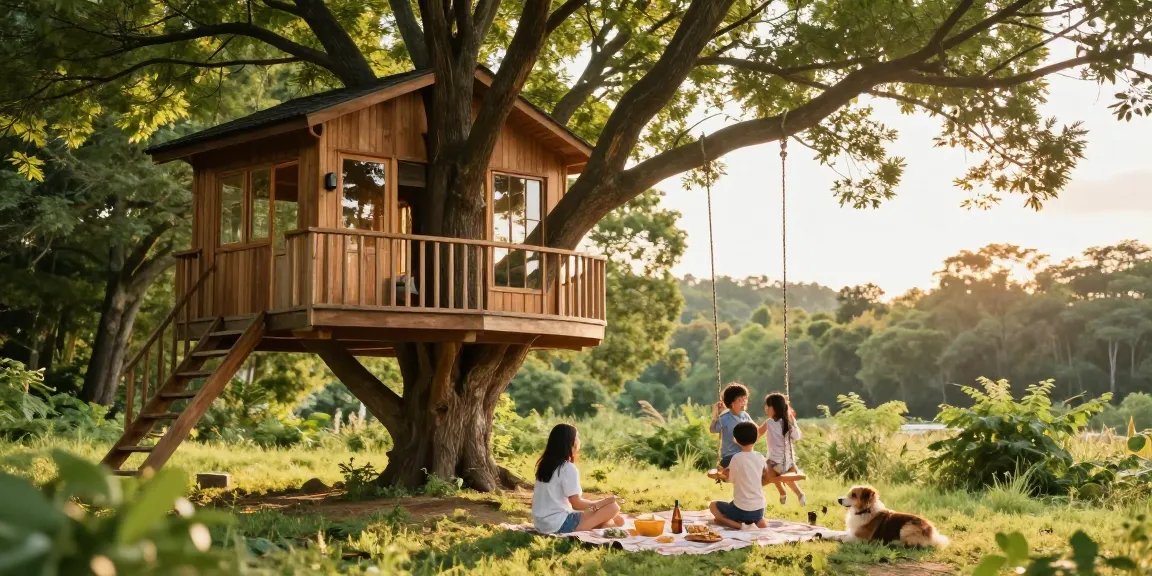 Family enjoying a sunny day in a treehouse, creating memories surrounded by nature.