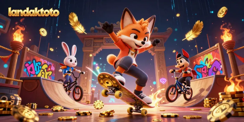 Ilustrasi 3D landaktoto dengan rubah skater dan kelinci BMX di dunia kasino penuh hadiah.