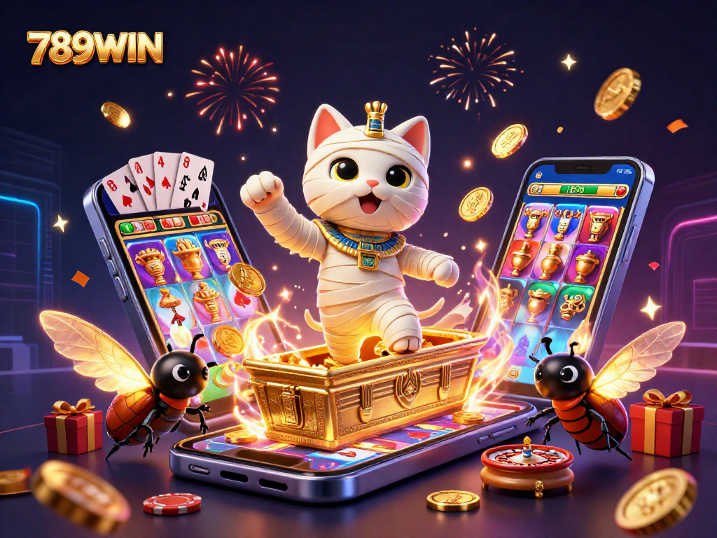 Experience thrilling wins with 789WIN inside a dynamic 3D casino scene filled with vibrant elements.