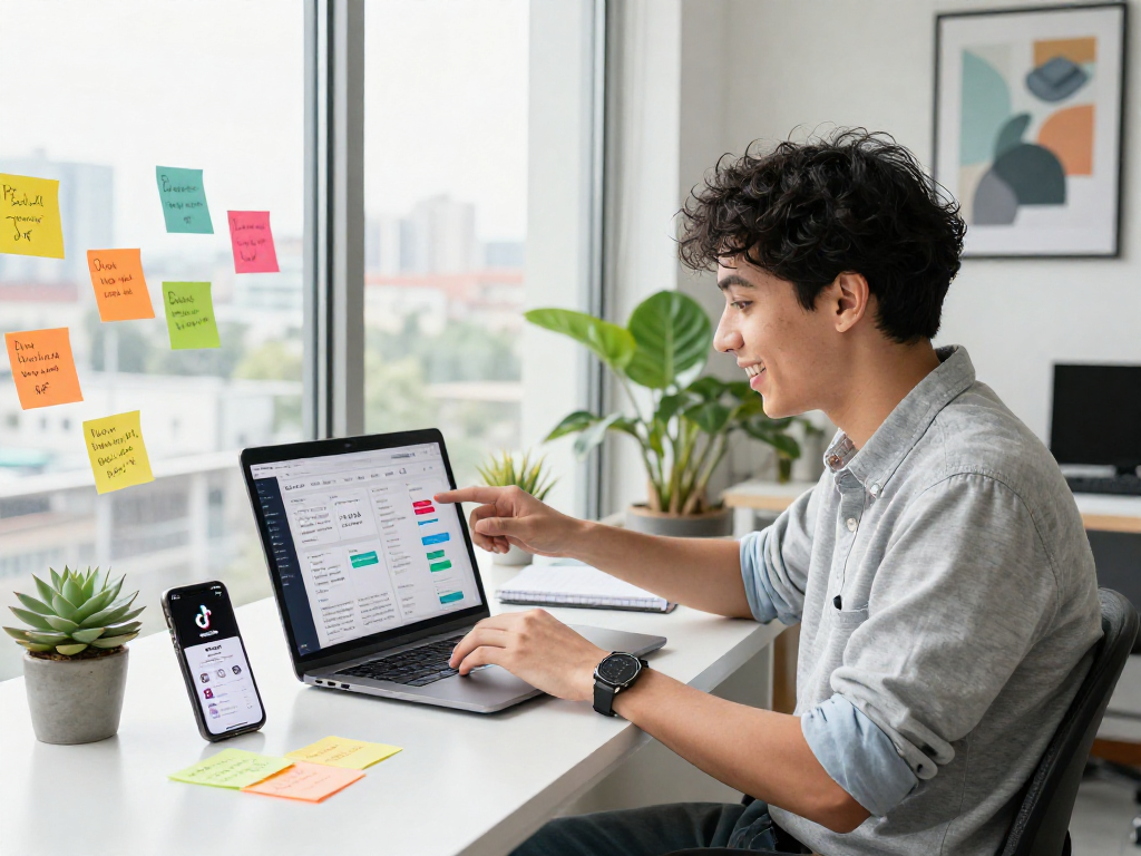Buy real TikTok followers by analyzing social media metrics in a vibrant workspace.
