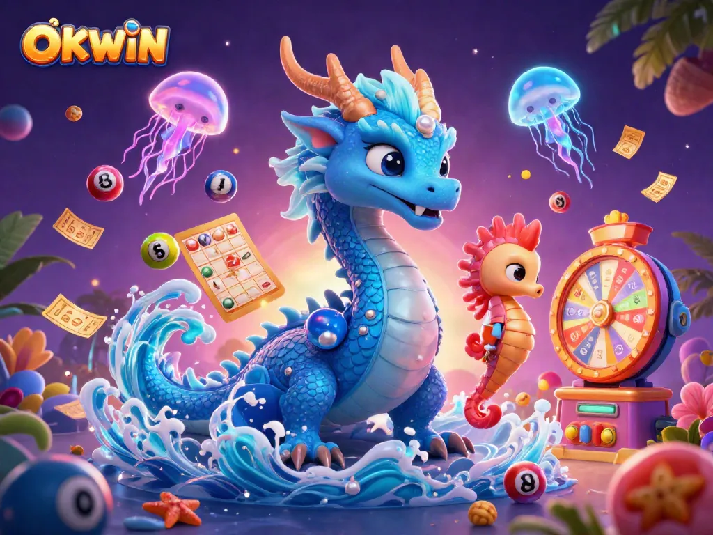 Experience interactive gaming at OKWIN with thrilling lottery balls and colorful characters in a vibrant scene.