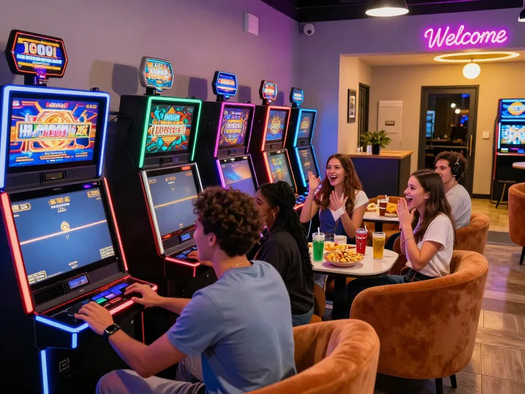 Friends enjoying a lively สล็อต gaming experience in a vibrant lounge.