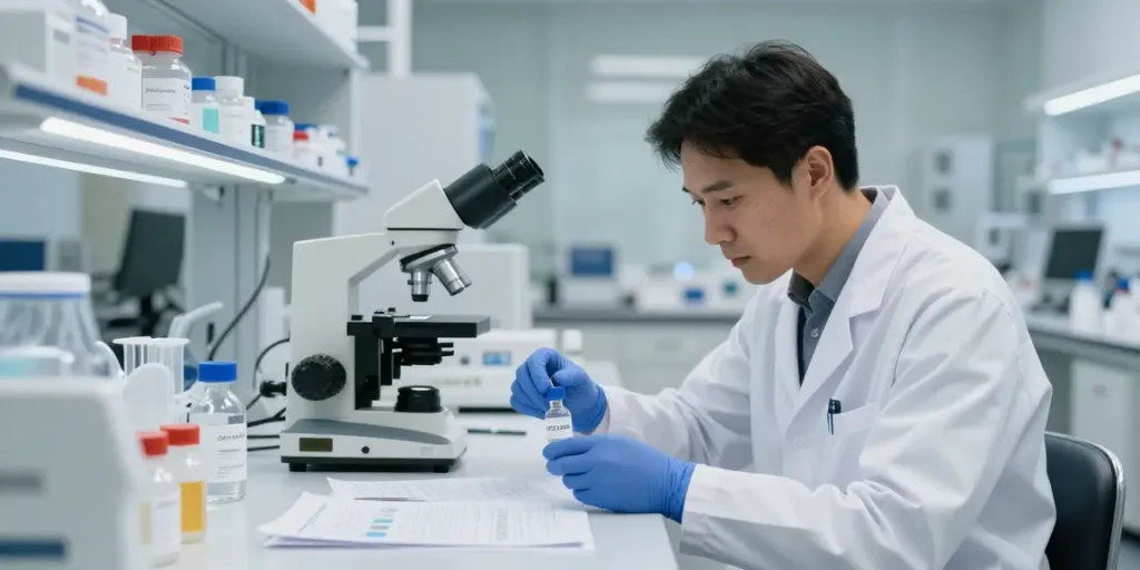 Researcher analyzing CJC + IPA peptide blend in laboratory setting.