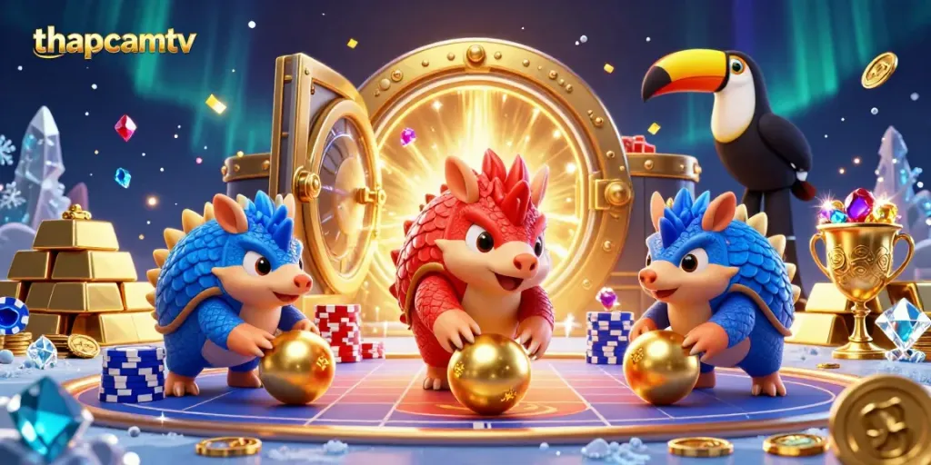 Watch as thapcamtv pangolins compete while bowling poker chips amidst cascading golden treasures.