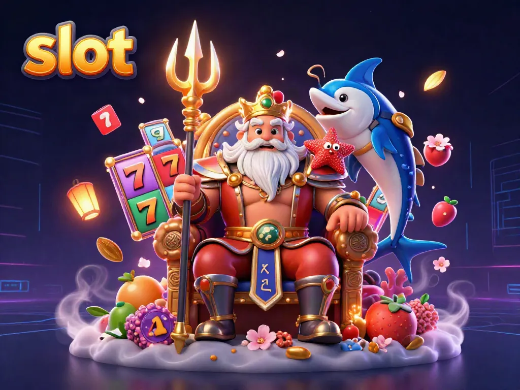Slot menampilkan raja laut Neptune dengan simbol buah, reel slot, dan suasana kasino yang menarik.
