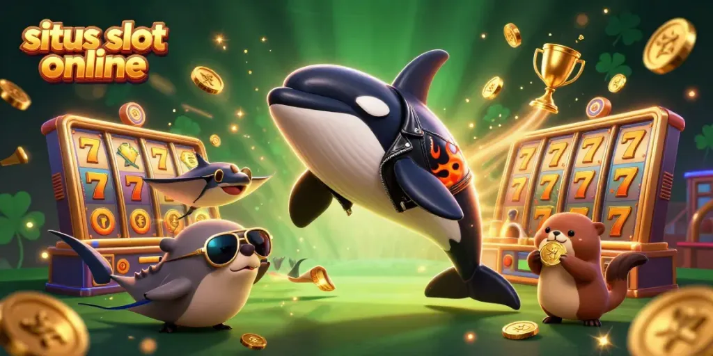 Gacor dengan situs slot online, orka gaya biker melompat di tengah slot dan simbol jackpot.