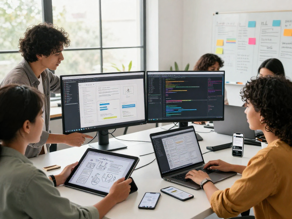 Creative app developers collaborating in a modern workspace, showcasing strategies to buy android installs effectively.