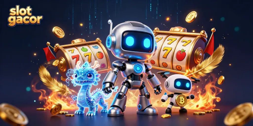 Hasil maksima dari slot gacor dengan karakter robot futuristik dan elemen kasino yang dinamis.