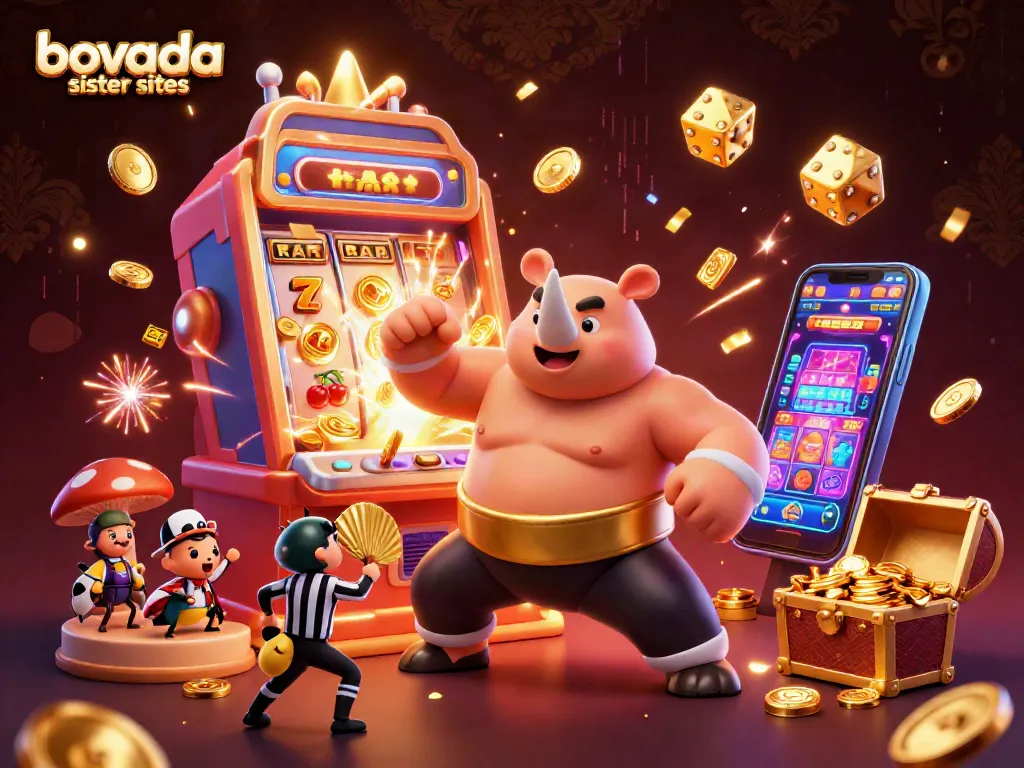 Engage with the thrilling bovada sister sites in a colorful, action-packed casino scene showcasing slot machines and engaging elements.