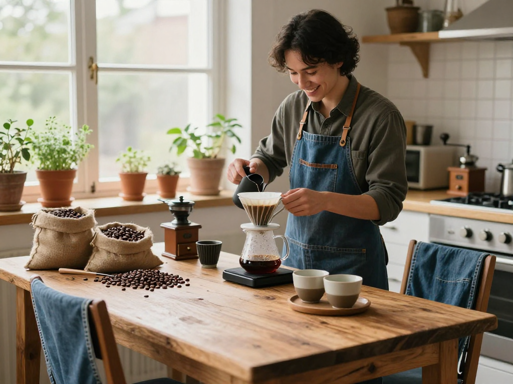 Pour-over coffee brewing with Ebb filters in a cozy kitchen setting at www.ebbfilter.com.