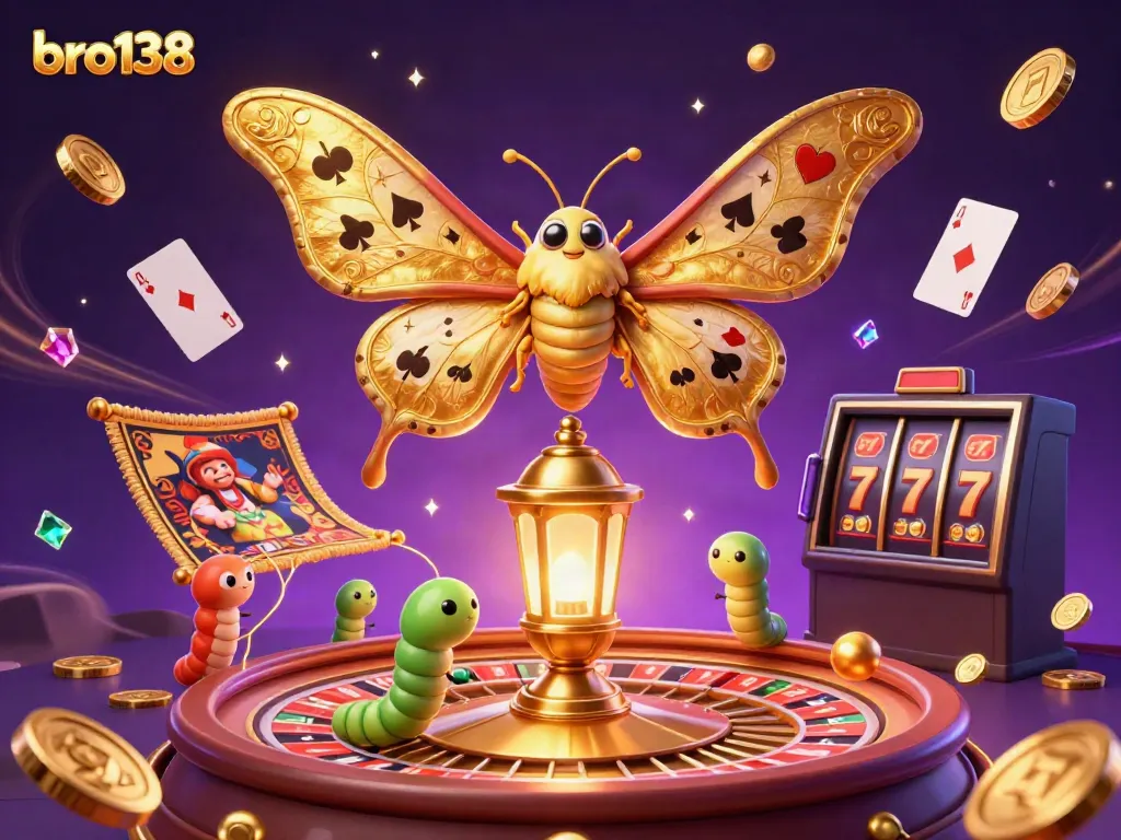Experience thrilling moments at bro138 with vibrant symbols, golden coins, and a 3D atlas moth showcasing the excitement of online slots.