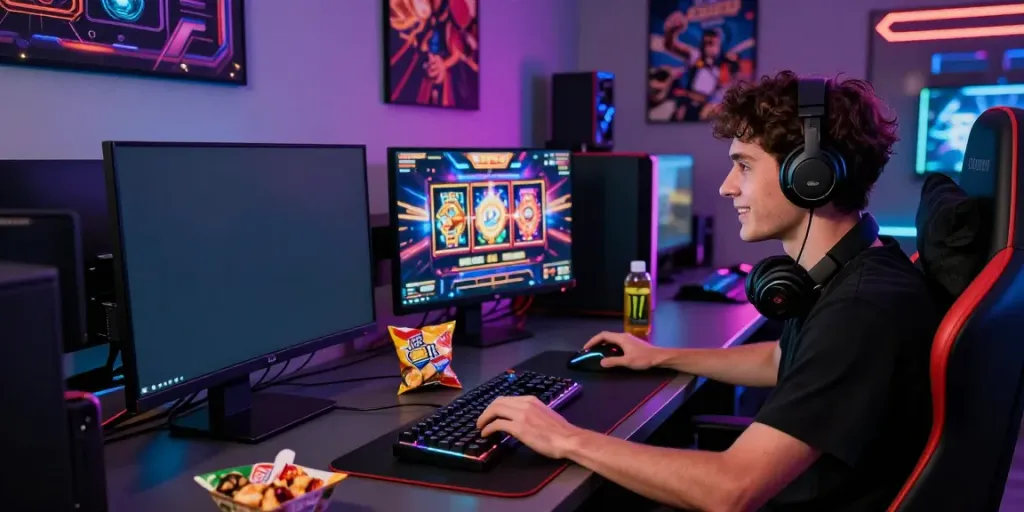 Exciting gaming setup with player engaged in toto slot online gameplay, vibrant lights and accessories.